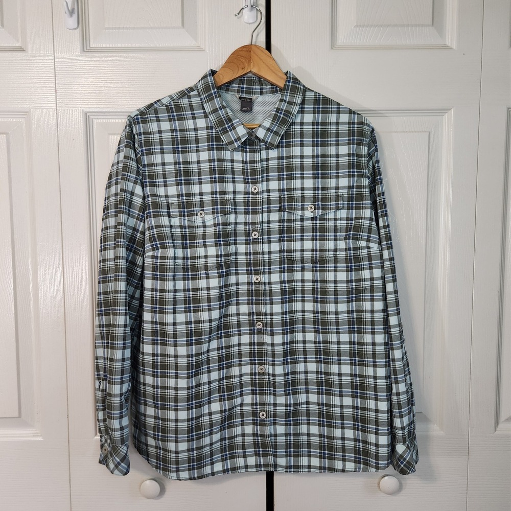 Eddie Bauer Womens XL Blue Green‎ Plaid Long Sleeve Hiking Button Up Shirt